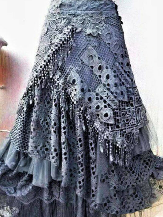 Elegant Lace Asymmetrical Skirt Women Vintage Y2K Boho High Waist Skirt