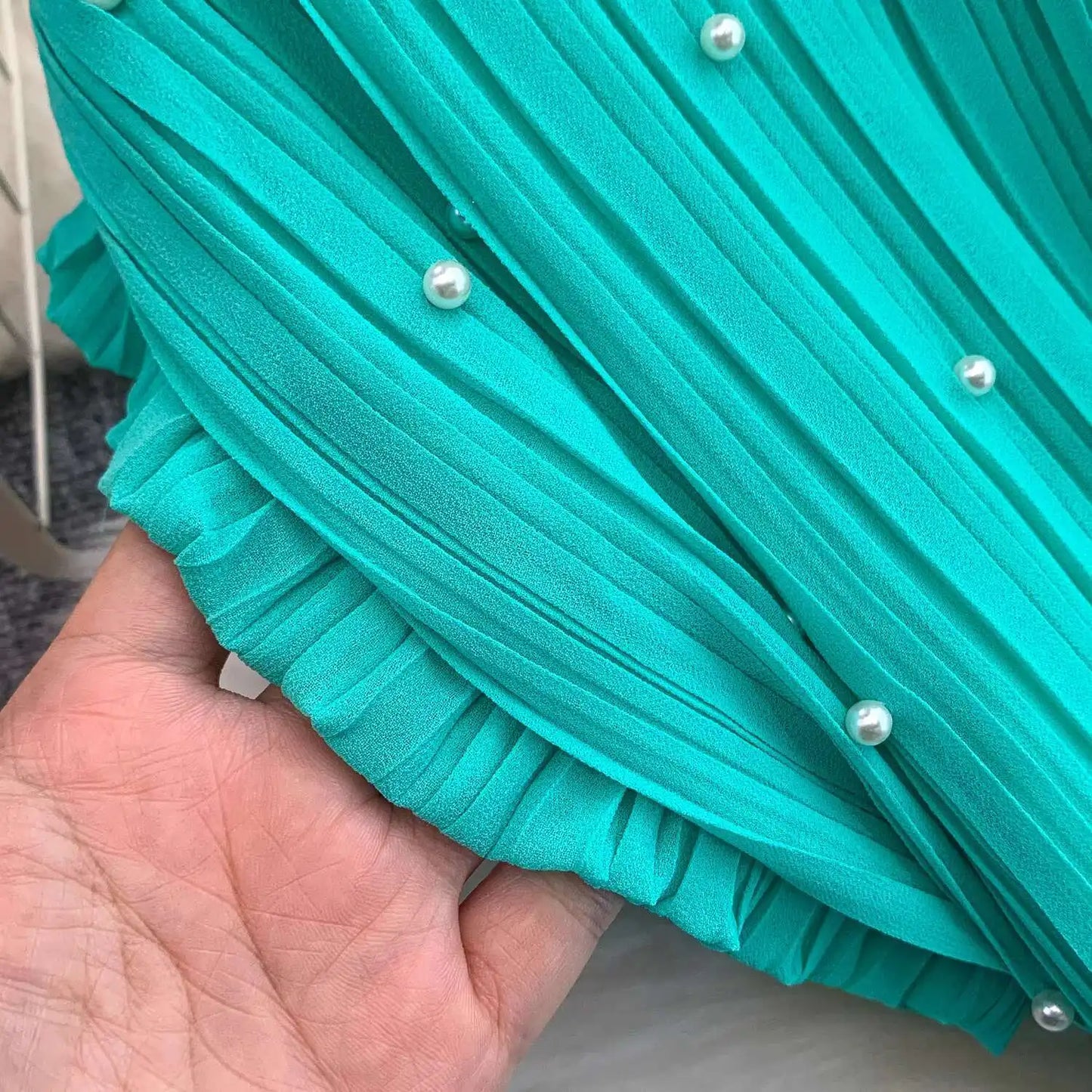 Summer Luxury Pearls Long Chiffon Dress For Women Loose Big Size Short Sleeve Crystal Birthday Evening Midi Pleated Dresses