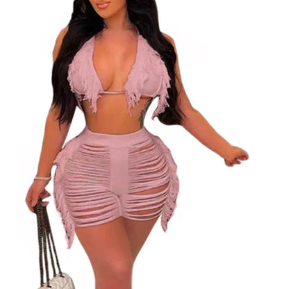 Women Fringe Tassel Bikini Shorts Set Hollow Out Jamaican Crochet Swimwear Summer Beach Knitted Cover Up Swimsuit