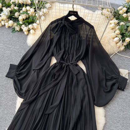 Women Elegant Long Flare Sleeves Vintage Bow neck Bow Loose Midi Dress