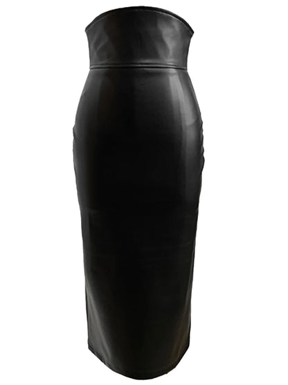 Midi Black Soft Pu Leather Pencil Skirt Women Back Slit Belt High Waist Office Skirts