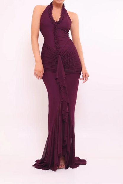 Halter V Neck Backless Sexy Maxi Dress Women Evening Gown Ruffle Dress