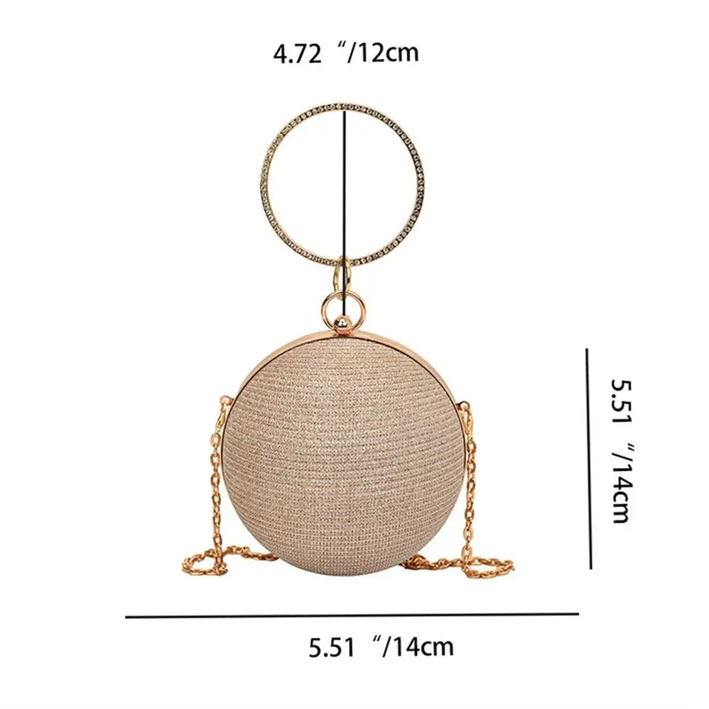 Gold Bright Silk Circular Evening Bag Women Banquet Clutch Rhinestone Chain Shoulder Bags