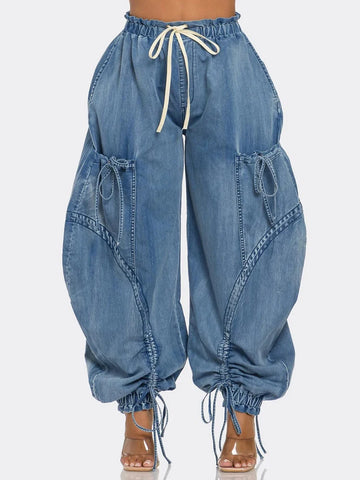 Drawstring Vintage Loose Denim Pants for Women