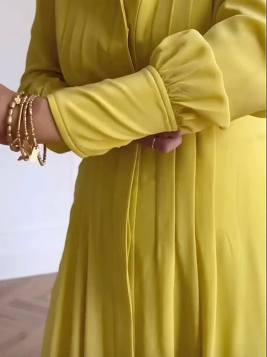 Women's Yellow Maxi Dress V-neck Tied Waist Long Sleeve Button Down Loose Casual Dress