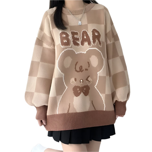 Sweet Bear Jacquard Pattern Sweater Harajuku Women Cute Loose Knitted Pullover