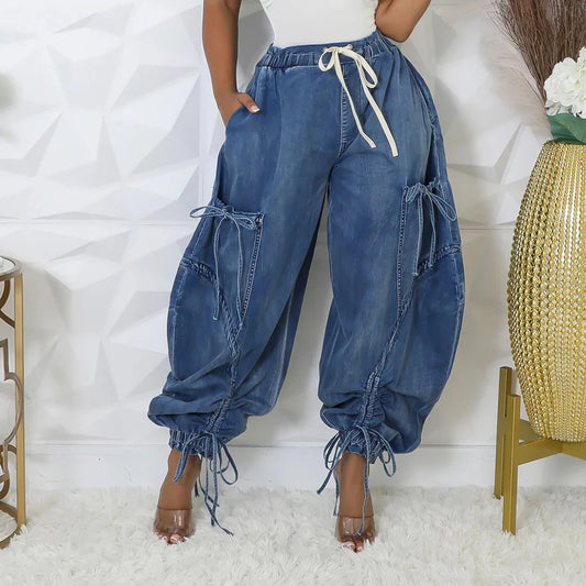 Drawstring Vintage Loose Denim Pants for Women