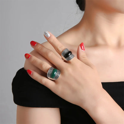 Antique Geometric Green Stone Ring Necklace And Earrings Sets for Women