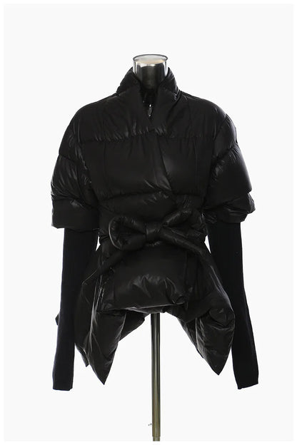 Women's Cotton-padded Coat Belt Irregular Waist Camouflage Knitted Sleeve Parkas Jackets Winter Jackets