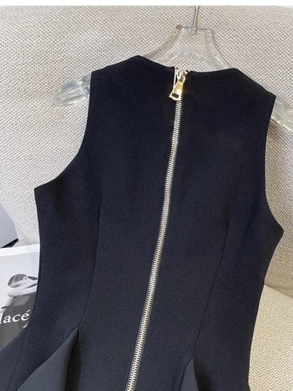 French Elegant Sleeveless A-Line Tunic Blouse Black Classic Gold Button