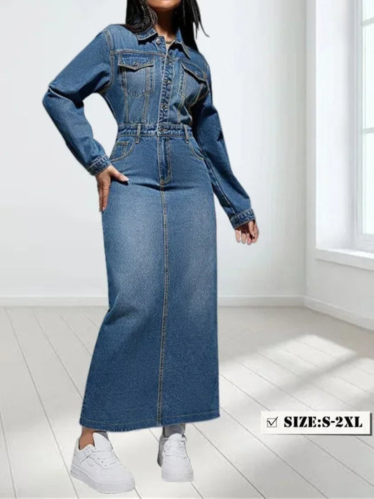 Denim Dress Women Sexy Button Bodycon Maxi Fashion Slip Hem Pockets Maxi Dressers