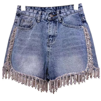 Rhinestones Fringed High Waist Hot Drilling Denim Shorts Diamonds Tassels Jeans Short