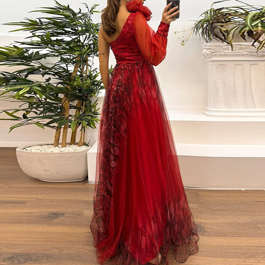 Vintage Printed High Waist Maxi Dress Mesh One Shoulder Evening Dress