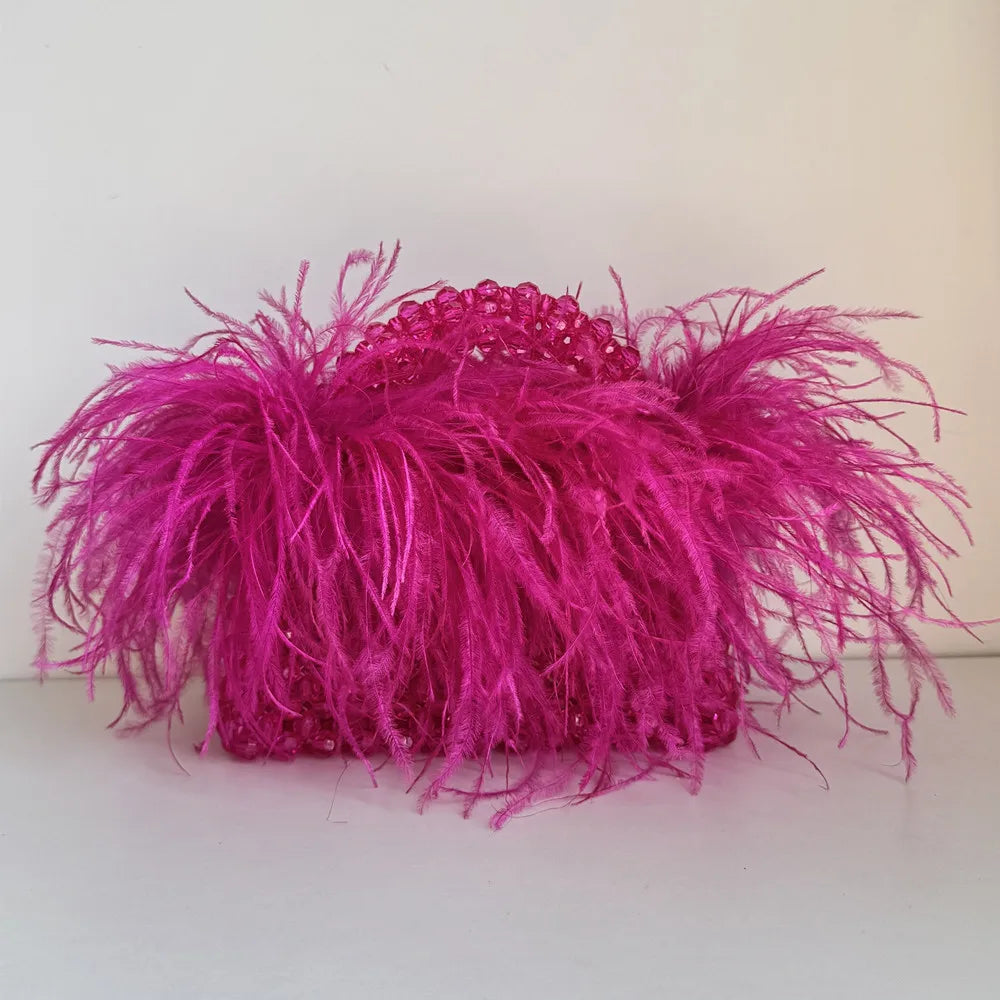 Pearl Bead Bag With Feather Fur Designer Brand Clear Acrylic Crystal Handbag Handmade
