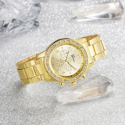 5 PCS Set Gold Watch Women Luxury Ring Necklace Earrings Rhinestone Fashion Wristwatch