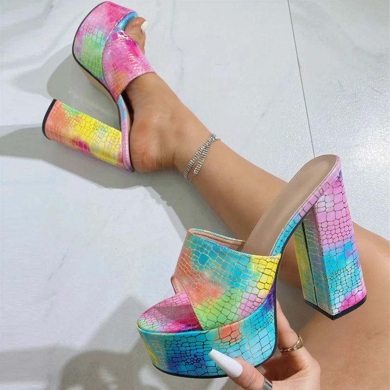 Mixed Colors Snake Print Leather Women Chunky Platform Shoes Heel Slippers