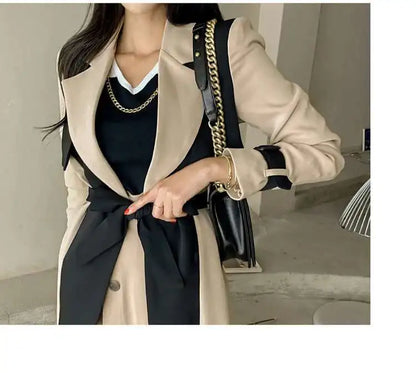 Contrast Full Sleeve Buttons Belted Women Long Trench Coats