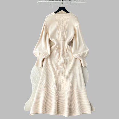 Lazy Style Round Neck Waist Wrapped Slim Mid Length Bubble Sleeve Knitted Dress