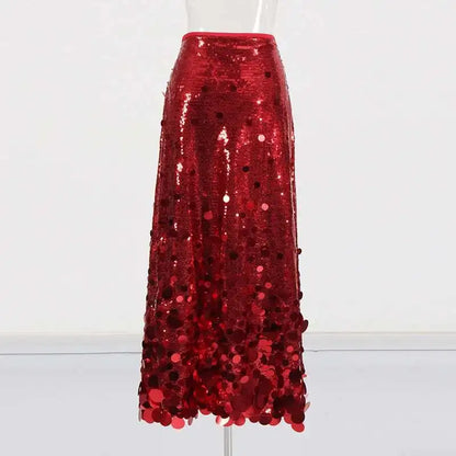 Solid Patchwork Sequins Chic Skirts For Women High Waist Zipper A Line Skirts