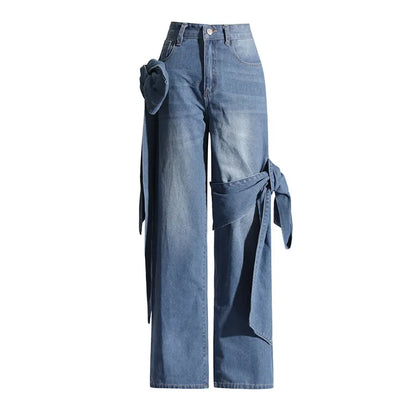 Jeans Women Bow Denim Wide Leg Floor Length Pant Y2k Mom Jeans