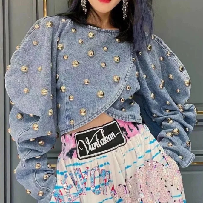 Women Rivets Long Lantern Sleeve Denim Coat Short Pearls Top Bomber Jacket Cowboy Jacket