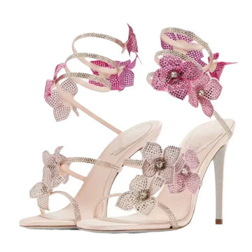 Sexy CRYSTAL Flower Thin High Heels Women Sandals Ankle Strap Shoes
