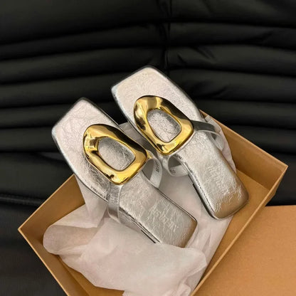 Large Size Women's Shoes Open-toed Flip-flops Flat Metal Buckle Sandals