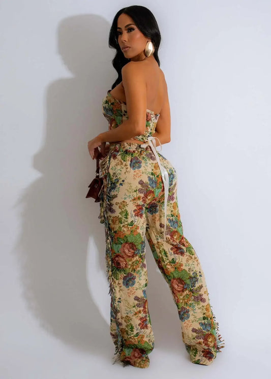 Women's Set Strapless Top and Wide Leg tassel Pants Cargo Street Two 2 Piece Set