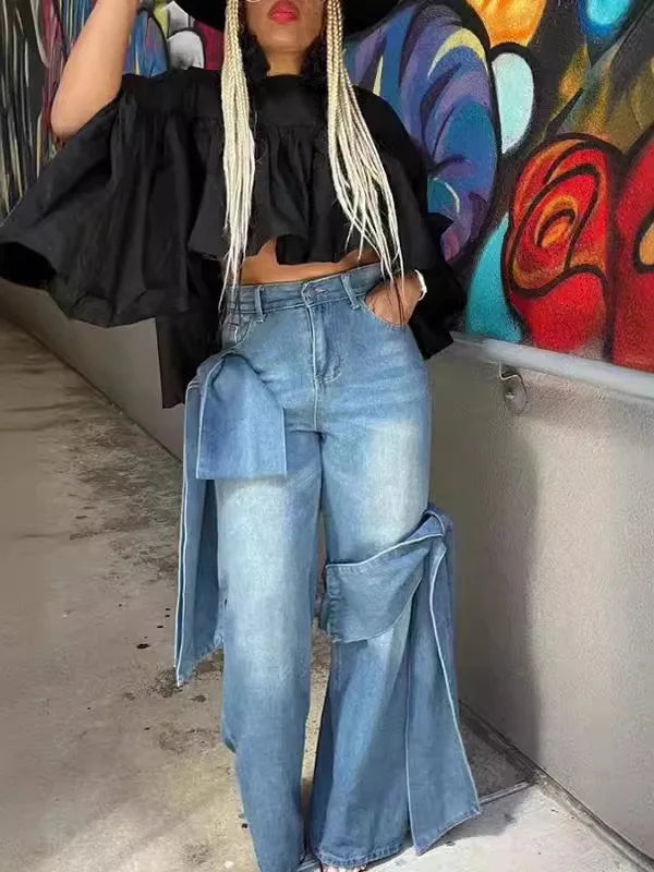 Jeans Women Bow Denim Wide Leg Floor Length Pant Y2k Mom Jeans