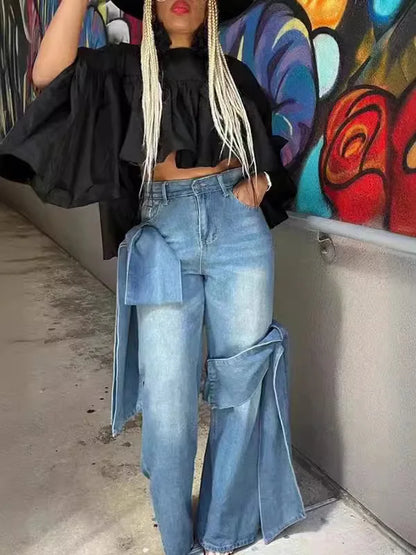 Jeans Women Bow Denim Wide Leg Floor Length Pant Y2k Mom Jeans