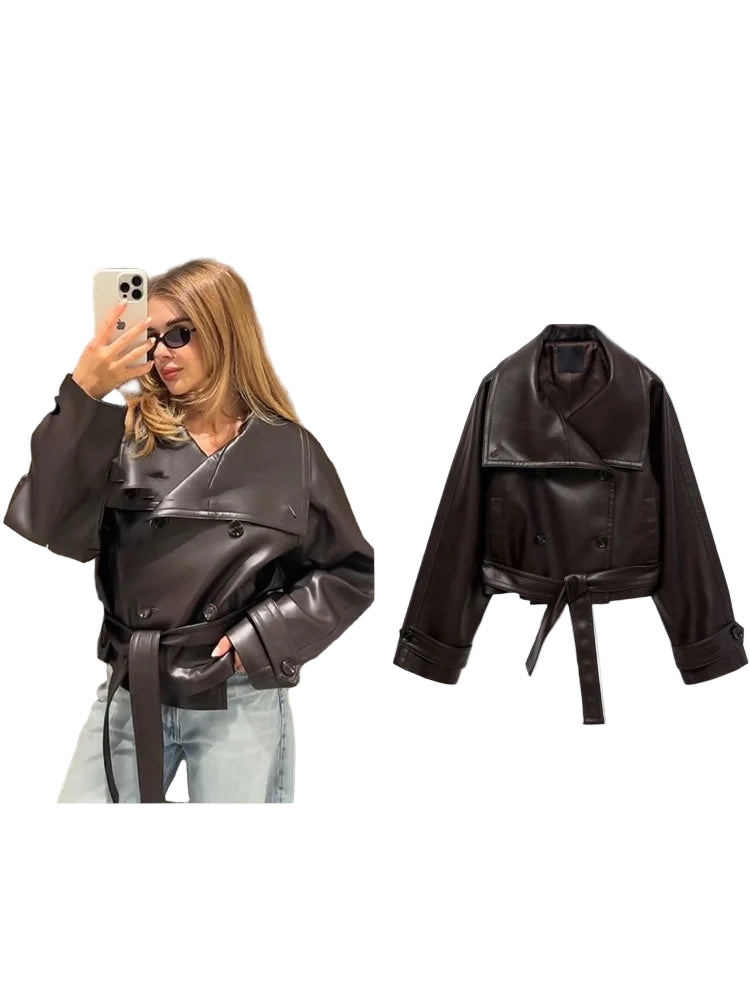 Street Belted Cropped Leather Jackets Women Stand Collar Double Breasted Outwear