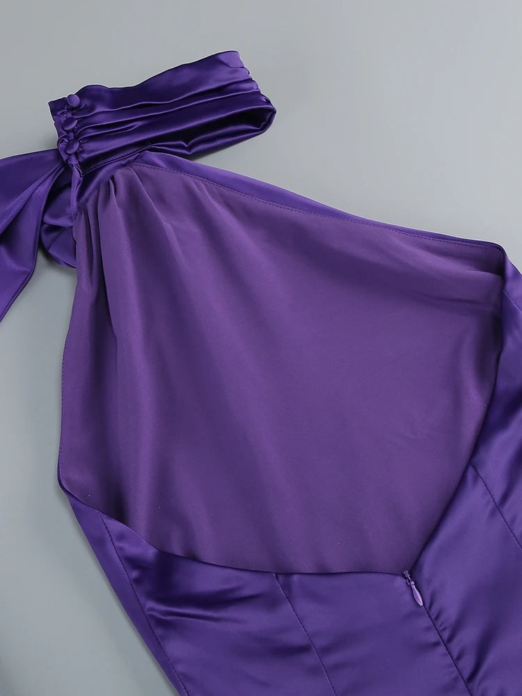 Bridesmaids Neck 3D Flower Backless Long Dress Women Purple Sleeveless Ribbon Draped Maxi Dress