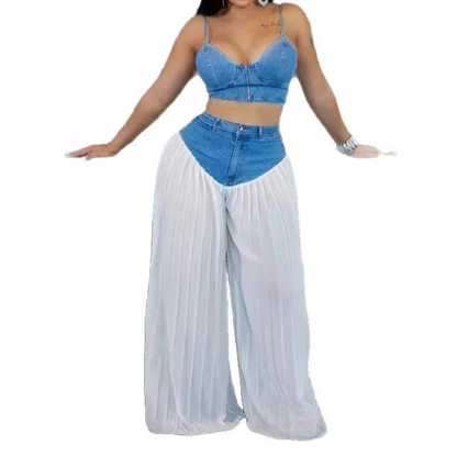 2 Piece Sets Women Sexy Denim Camisole Pleated Wide Leg Pants + Vest Floor Length Suit Summer