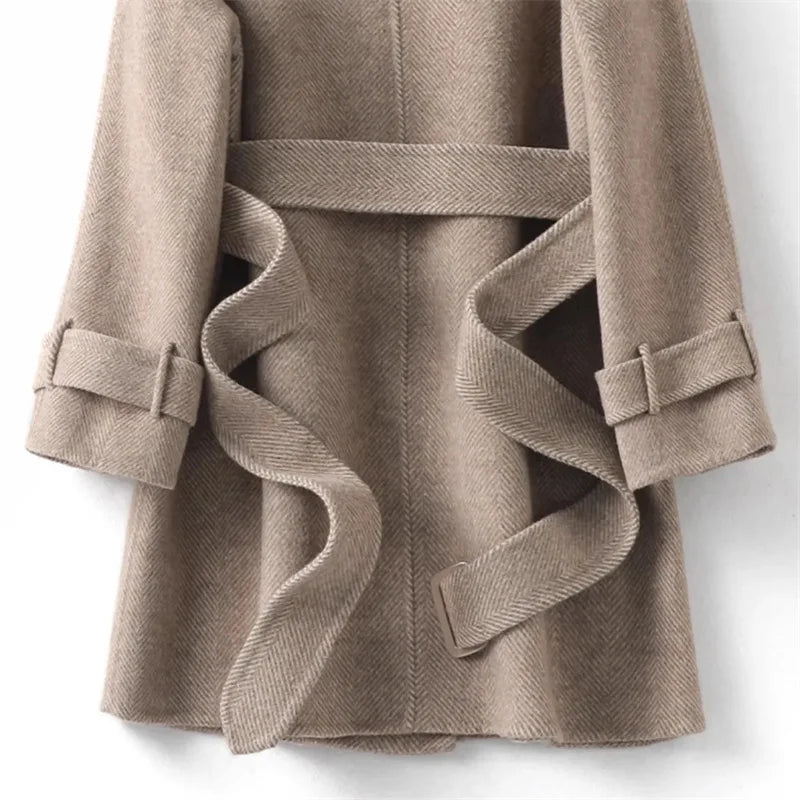 Woolen Coat New British style POLO collar Lace up Double breasted Coat
