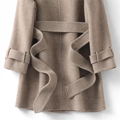 Woolen Coat New British style POLO collar Lace up Double breasted Coat