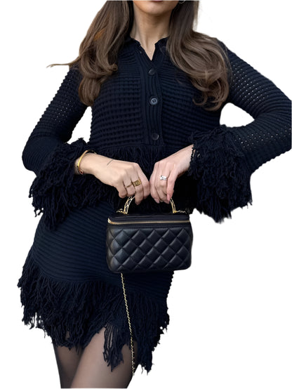 Vintage Women Knitted Hollow Out Tassel Mini Skirt Set Cardigan+Fringe Mini Skirt