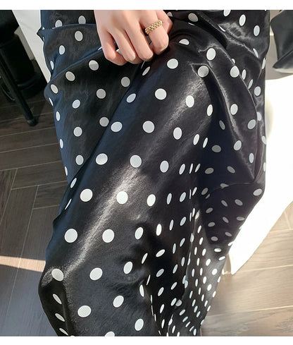 Polka Dot Satin Skirt Women's High Waist Versatile Elegant Dot Long Skirt