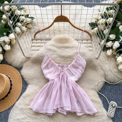 Chiffon Tops Straps Deep V Backless Top Ruffles Short Tank Top Vacation Style Sexy Tops