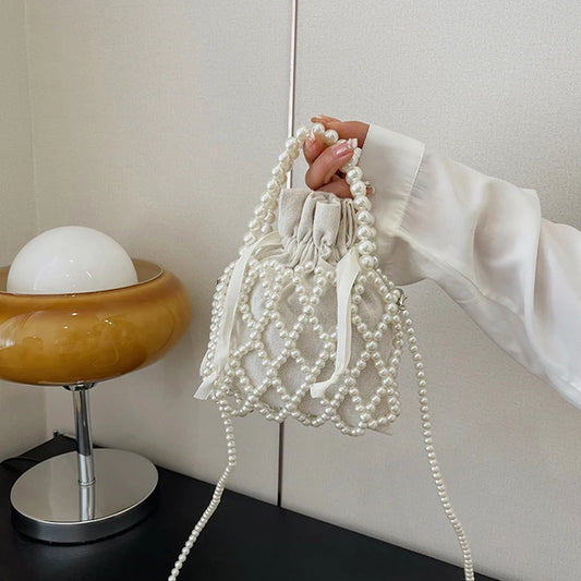 Luxury Pearl Women Bucket Tote Bag Woven Pearl Crossbody Bags for Women Small Wallet