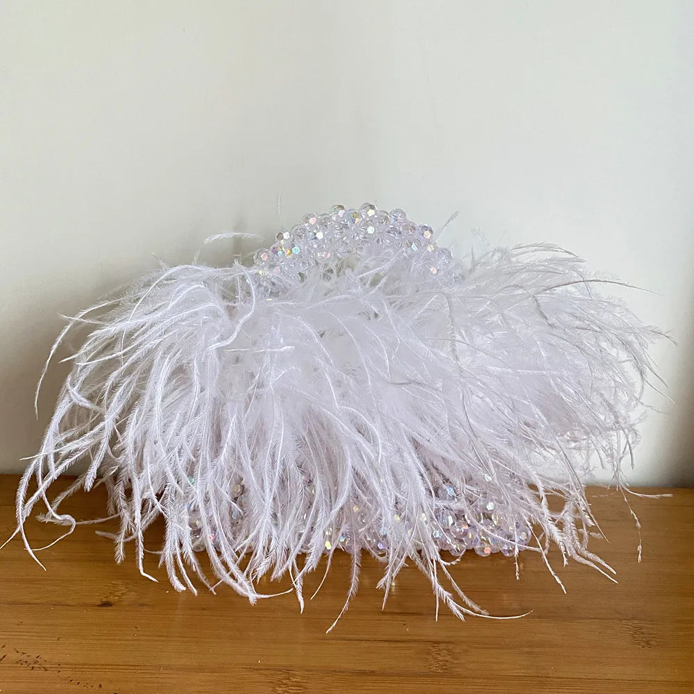 Pearl Bead Bag With Feather Fur Designer Brand Clear Acrylic Crystal Handbag Handmade