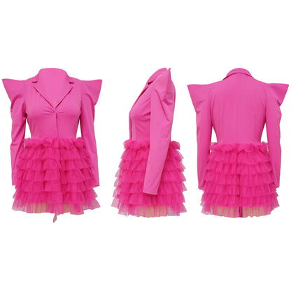 Mesh Paneling Solid Right Shoulders Long Sleeves Cake Dress For Women