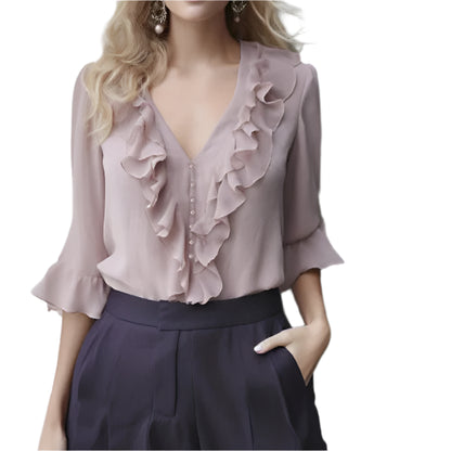 Beaded Women's Summer Long Sleeve Chiffon Top Ruffles V-Neck Lightweight Casual Tulle Blouses