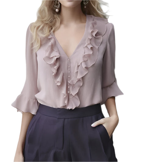 Beaded Women's Summer Long Sleeve Chiffon Top Ruffles V-Neck Lightweight Casual Tulle Blouses