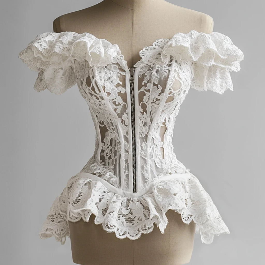 French Corset Blouse Lace Ruffle Off Shoulder Zip Up Tube Tops