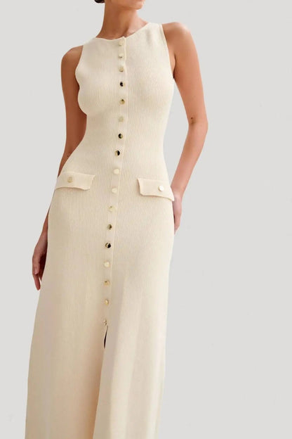 Elegant Knitted Long Dresses Women O Neck Sleeveless Single Breasted Bodycon Midi Dress