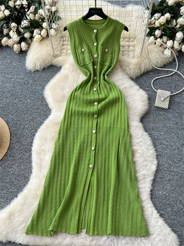 Office Wear Lady Tank Long Dress Women O Neck Sleeveless Single Breasted Sheath Knitted Dress