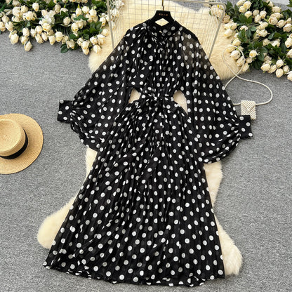 Women Elegant Long Flare Sleeves Vintage Bow neck Bow Loose Midi Dress