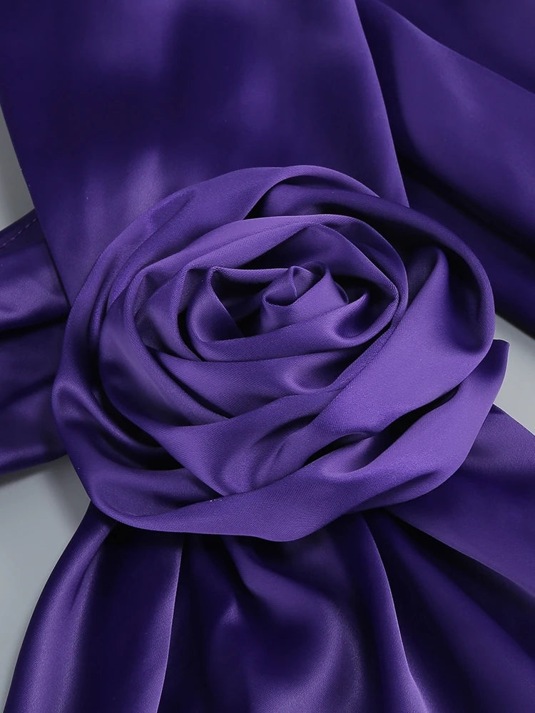 Bridesmaids Neck 3D Flower Backless Long Dress Women Purple Sleeveless Ribbon Draped Maxi Dress