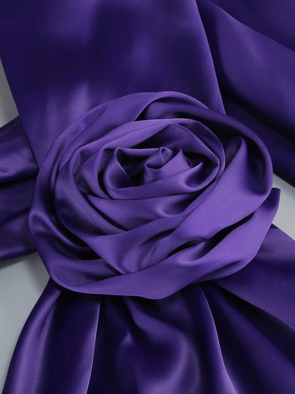 Bridesmaids Neck 3D Flower Backless Long Dress Women Purple Sleeveless Ribbon Draped Maxi Dress