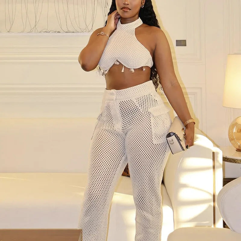 Women's Two Piece Solid Color Neck Hanging Skirt Top with Hollow Pocket Pants Set